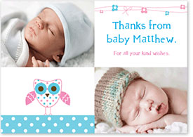 Boys Thank You Card - Baby Owl & Ribbons