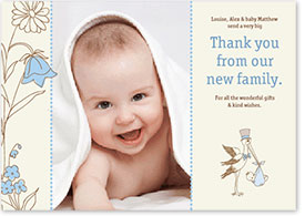 Boys Thank You Card - Stork Delivering Baby
