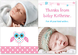 Girls Thank You Card - Baby Owl & Ribbons