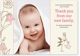 Girls Thank You Card - Stork Delivering a Baby